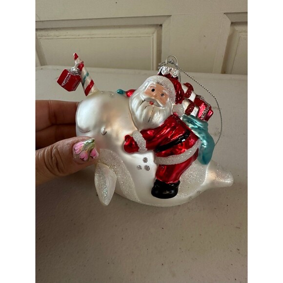 NWT Macy's Holiday Lane Glass Blown Santa Riding Narwal Christmas Ornament - Picture 2 of 4